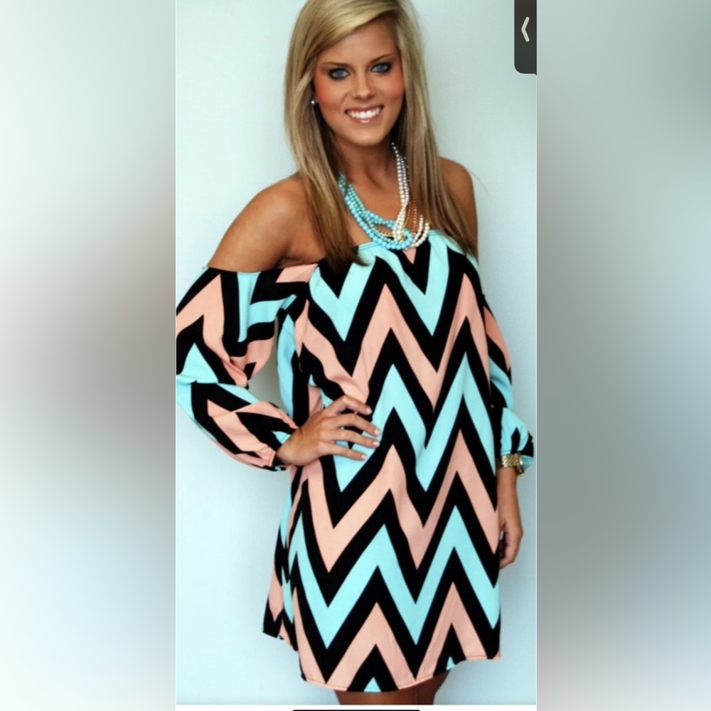 Sage Chevon Teal, Peach, Black Shift Dress